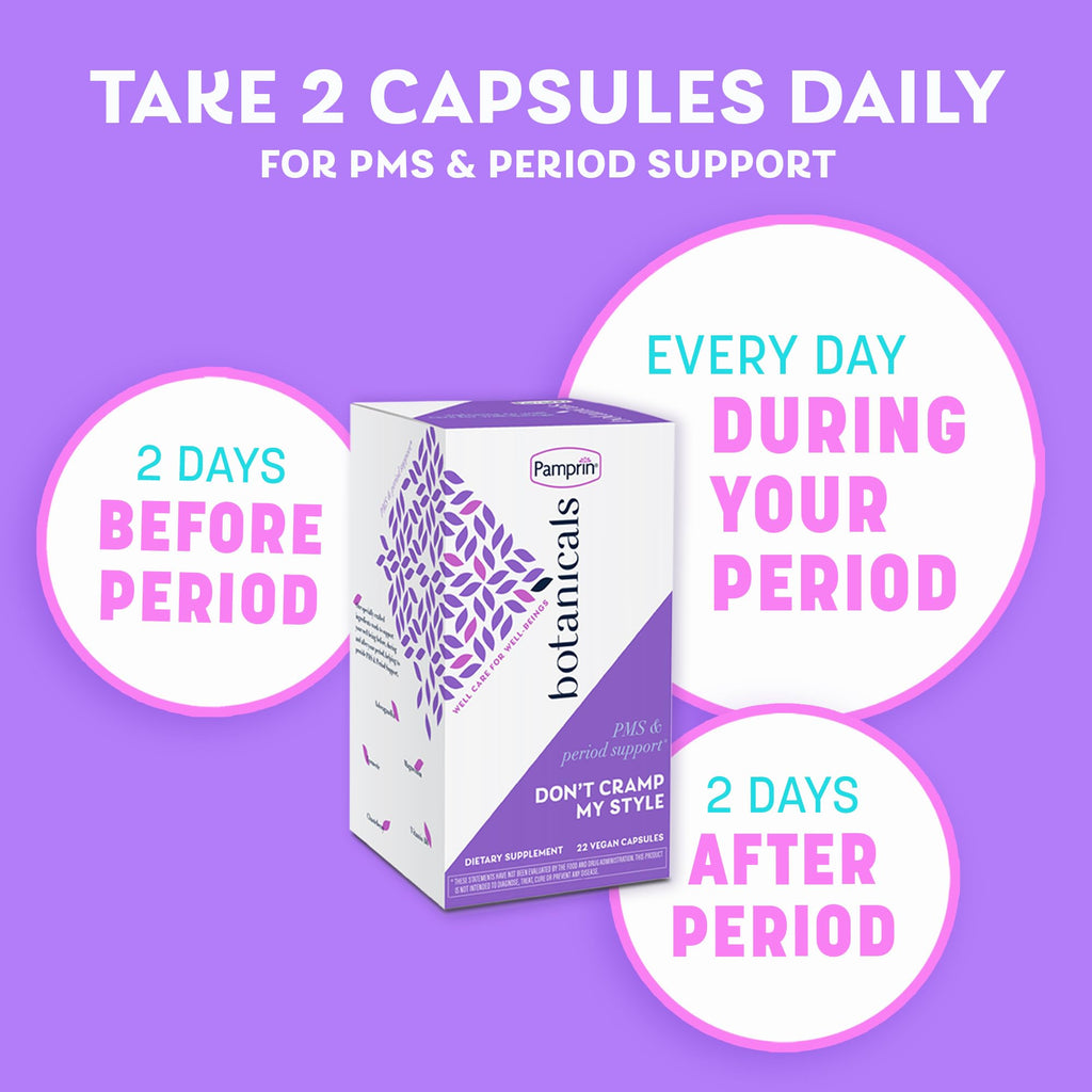 Pamprin Botanicals Supplement for PMS & Period Support, with Ashwagandha, Magnesium, Turmeric, Vitamin B6, Chasteberry, 22 Count Pamprin Au supplements