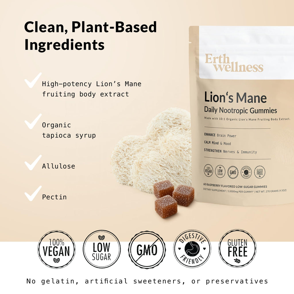 Erth Wellness Lion’s Mane Mushroom Gummies – 10,000mg Fruiting Body Extract per Serving – Brain & Focus Support – Daily Nootropic – Vegan, Low Sugar, Non-GMO – 60 Ct Erth Wellness Au supplements