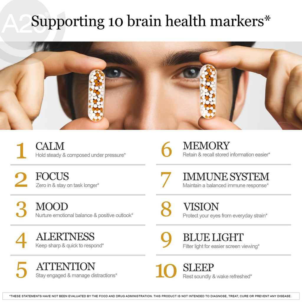 HCF A20 Microbead Brain Health Supplements for Adults for Memory, Focus, Calm, Mood, Alertness, Attention, Vision, Sleep, Immune System, 20 Premium Nootropic Nutrients Multivitamin & 7 Advances® Tech HCF Au supplements