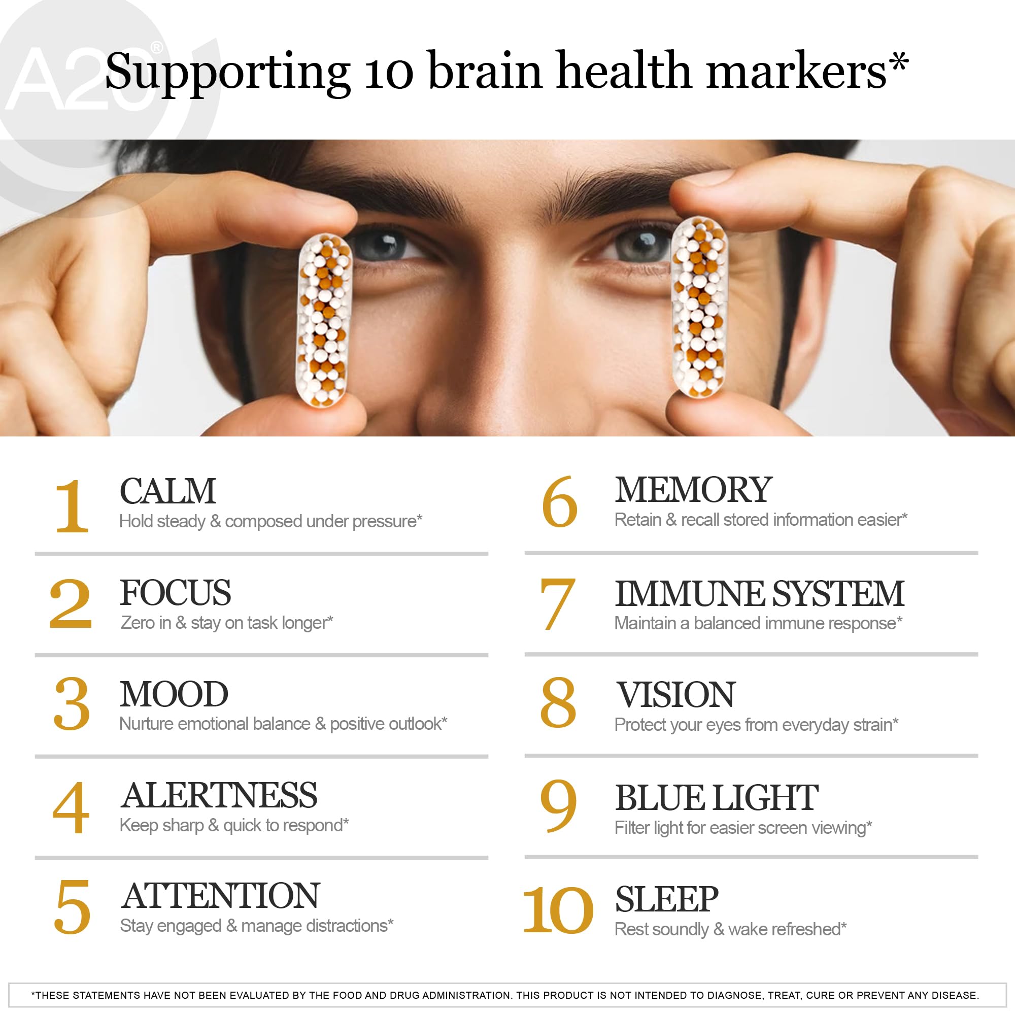 HCF A20 Microbead Brain Health Supplements for Adults for Memory, Focus, Calm, Mood, Alertness, Attention, Vision, Sleep, Immune System, 20 Premium Nootropic Nutrients Multivitamin & 7 Advances® Tech HCF Au supplements