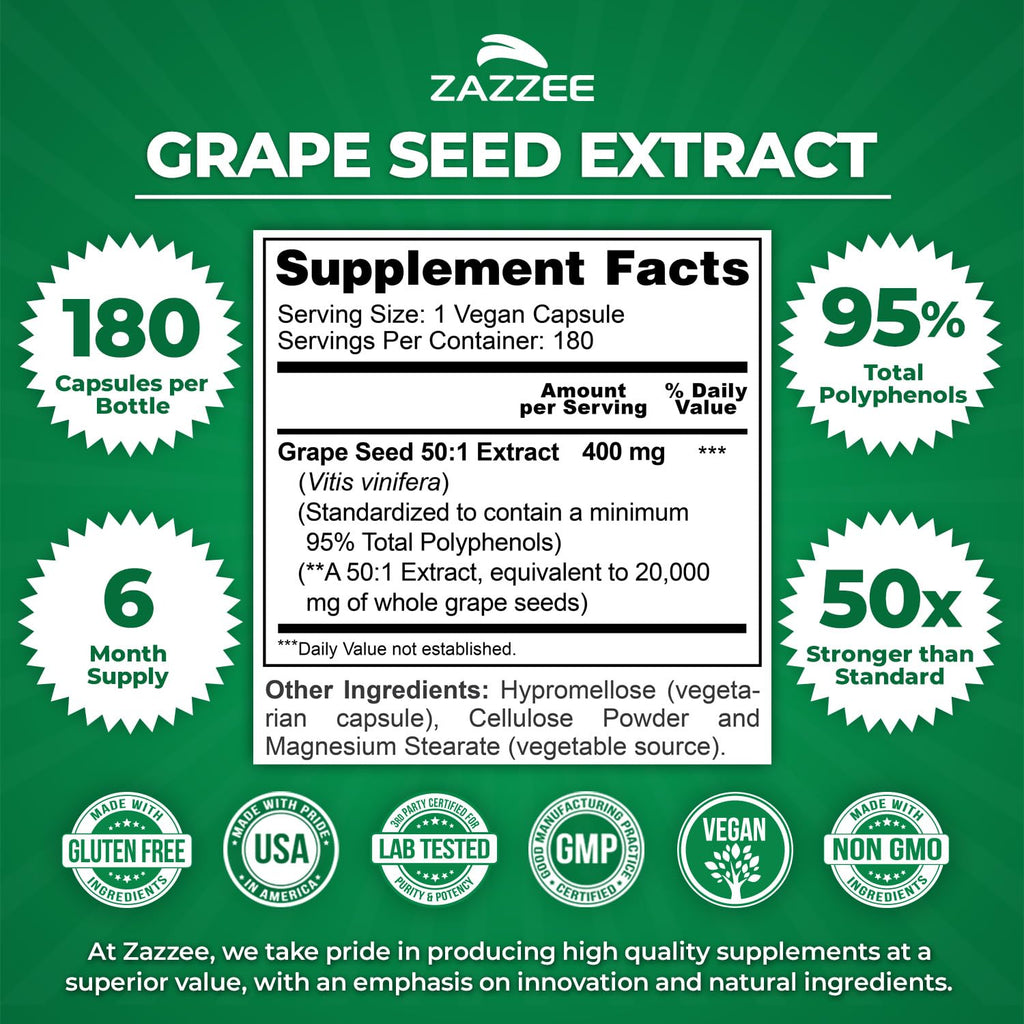 Zazzee High Strength Grape Seed 50:1 Extract, 180 Vegan Capsules, 95% Polyphenols, 400 mg per Capsule, 6 Month Supply, Antioxidant