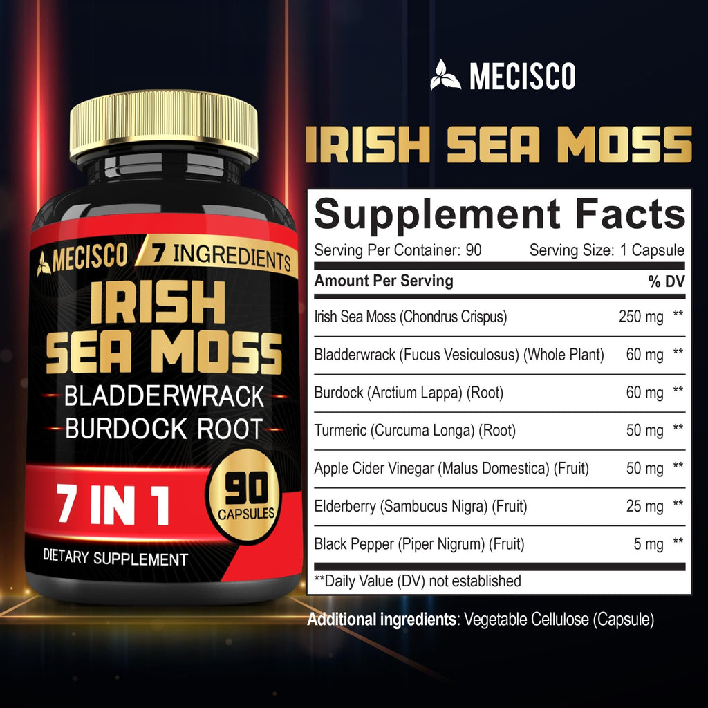 7in1 Irish Sea Moss Capsules 6750 Mg with Organic Bladderwrack & Burdock Root, Turmeric, Apple Cider Vinegar - Raw Seamos Pills for Hair, Skin, Thyroid Healths - 90 Caps for 3-Month Supply - TrustMedUSA