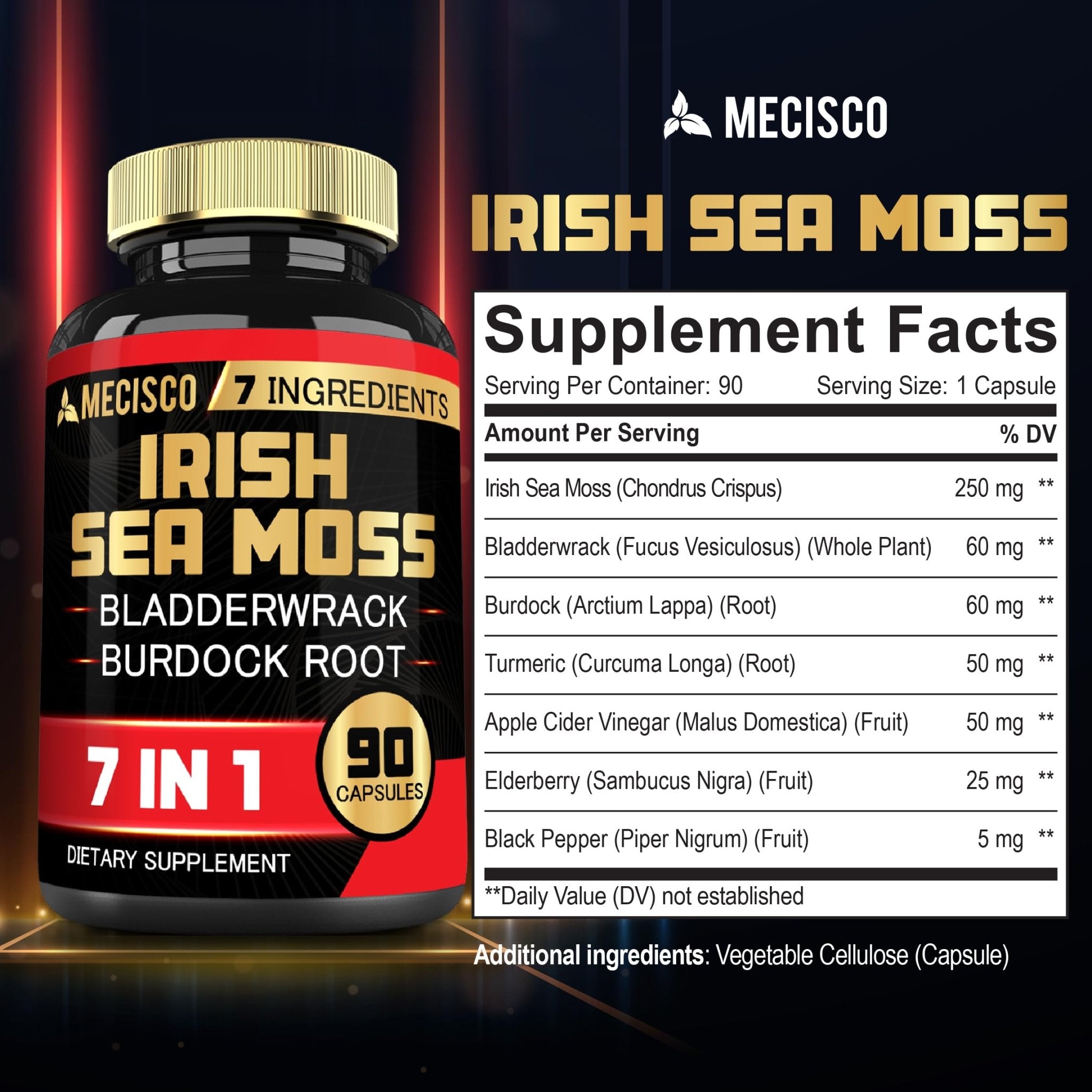 7in1 Irish Sea Moss Capsules 6750 Mg with Organic Bladderwrack & Burdock Root, Turmeric, Apple Cider Vinegar - Raw Seamos Pills for Hair, Skin, Thyroid Healths - 90 Caps for 3-Month Supply - TrustMedUSA