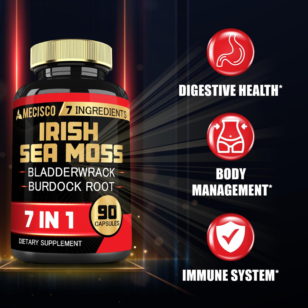 7in1 Irish Sea Moss Capsules 6750 Mg with Organic Bladderwrack & Burdock Root, Turmeric, Apple Cider Vinegar - Raw Seamos Pills for Hair, Skin, Thyroid Healths - 90 Caps for 3-Month Supply - TrustMedUSA