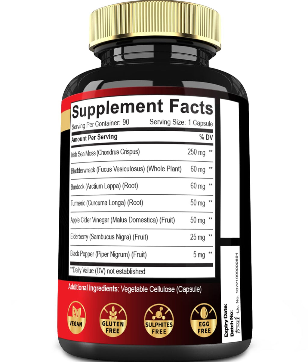 7in1 Irish Sea Moss Capsules 6750 Mg with Organic Bladderwrack & Burdock Root, Turmeric, Apple Cider Vinegar - Raw Seamos Pills for Hair, Skin, Thyroid Healths - 90 Caps for 3-Month Supply - TrustMedUSA