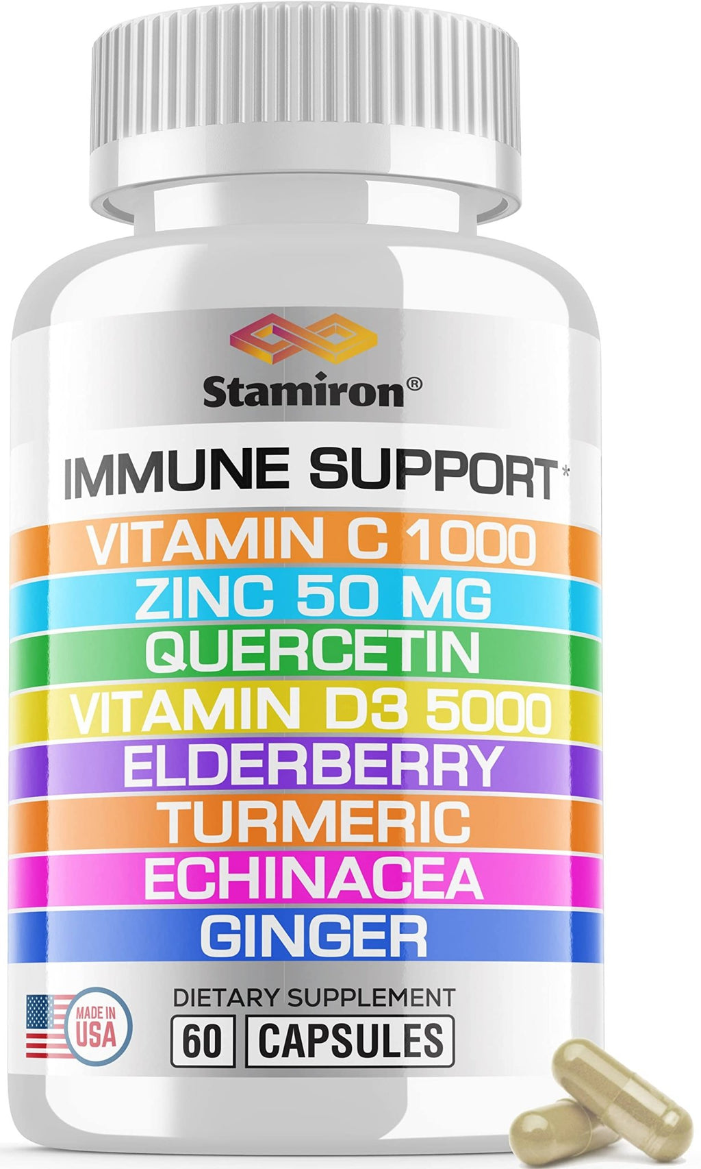 8 in 1 Immune Support with Quercetin Zinc 50mg Vitamin C 1000mg Vitamin D3 5000 IU and Elderberry Echinacea Ginger for Adults Kids - VIT D Supplement Veg Capsules - TrustMedUSA