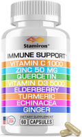 8 in 1 Immune Support with Quercetin Zinc 50mg Vitamin C 1000mg Vitamin D3 5000 IU and Elderberry Echinacea Ginger for Adults Kids - VIT D Supplement Veg Capsules - TrustMedUSA
