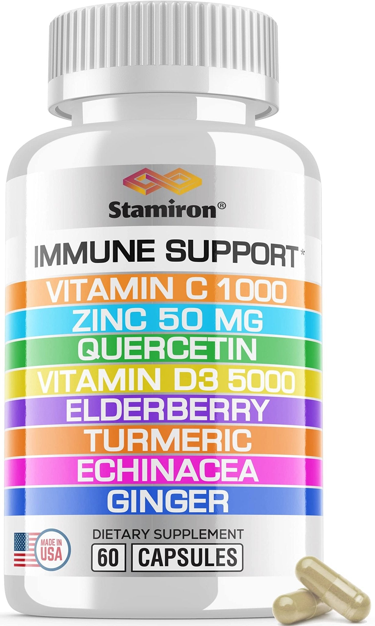 8 in 1 Immune Support with Quercetin Zinc 50mg Vitamin C 1000mg Vitamin D3 5000 IU and Elderberry Echinacea Ginger for Adults Kids - VIT D Supplement Veg Capsules - TrustMedUSA
