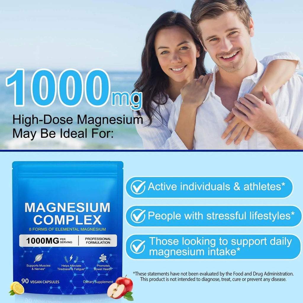 8-in-1 Magnesium Complex 90 Capsules, 1000mg with Magnesium Glycinate, Citrate, Malate, Taurate, Easy Absorption for Health, Energy, Non-GMO, Vegan - TrustMedUSA