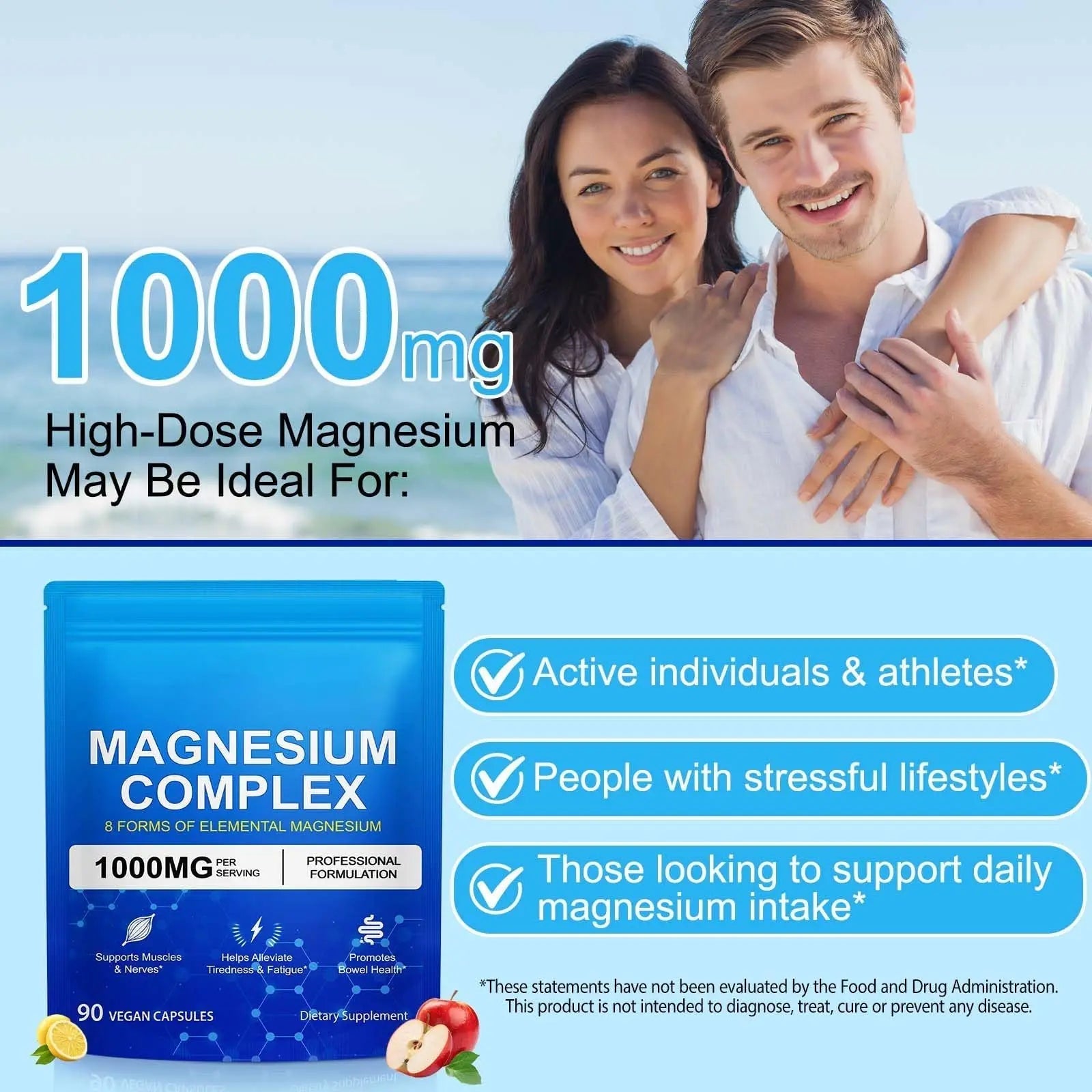 8-in-1 Magnesium Complex 90 Capsules, 1000mg with Magnesium Glycinate, Citrate, Malate, Taurate, Easy Absorption for Health, Energy, Non-GMO, Vegan - TrustMedUSA