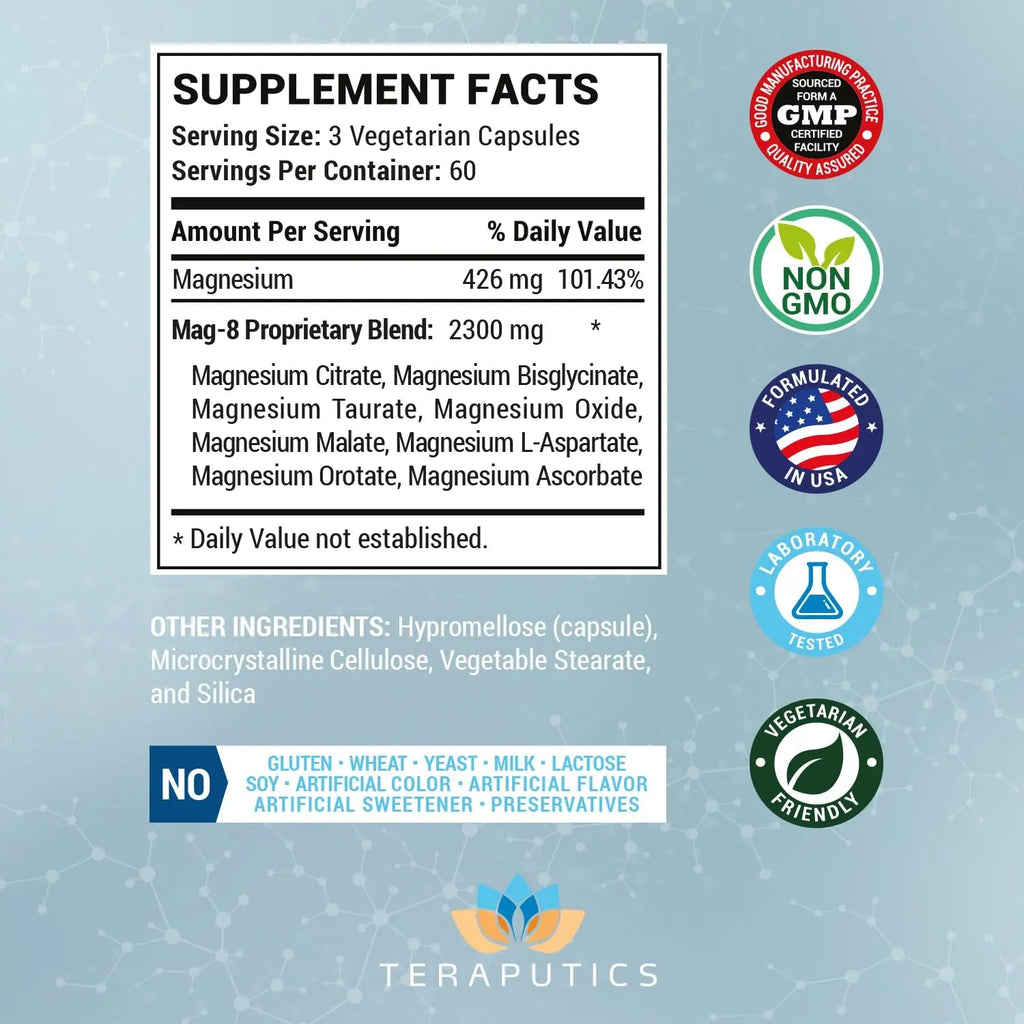 8 in 1 Magnesium Complex for Women & Men 426mg | 180 Vegan Capsules | MAG-8 Blend: Citrate, Bisglycinate, Malate, & More | Non-GMO Magnesio Complex Supplement | Provides 100% Daily Recommended Value - TrustMedUSA