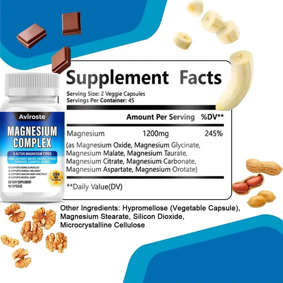 8 in 1 Magnesium Complex Supplement - 8 Elemental 1000mg - Magnesium Glycinate, Citrate, Malate, Taurate - High Absorption,for Muscle, Nerve & Sleep Support - 90 Capsules - TrustMedUSA