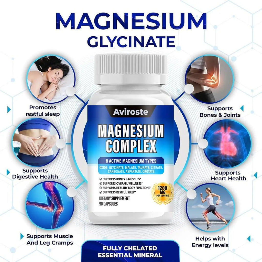 8 in 1 Magnesium Complex Supplement - 8 Elemental 1000mg - Magnesium Glycinate, Citrate, Malate, Taurate - High Absorption,for Muscle, Nerve & Sleep Support - 90 Capsules - TrustMedUSA