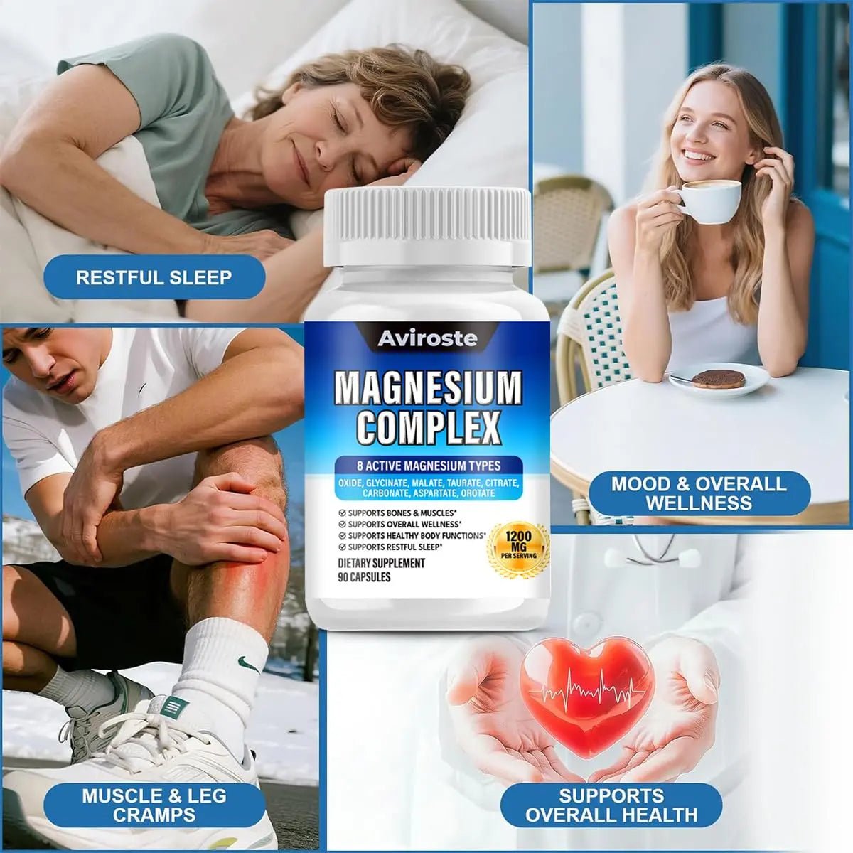 8 in 1 Magnesium Complex Supplement - 8 Elemental 1000mg - Magnesium Glycinate, Citrate, Malate, Taurate - High Absorption,for Muscle, Nerve & Sleep Support - 90 Capsules - TrustMedUSA