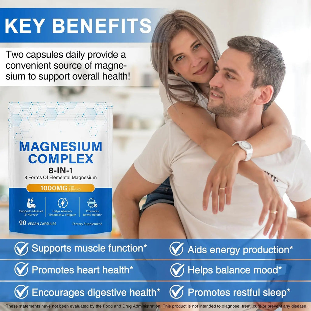 8-in-1 Magnesium Complex Supplement 90 Count, Magnesium Complex Capsules with Magnesium Glycinate, Citrate, Malate, Taurate, Easy Absorption for Sleep, Muscle Relaxation, Nerve & Heart Health, Energy - TrustMedUSA