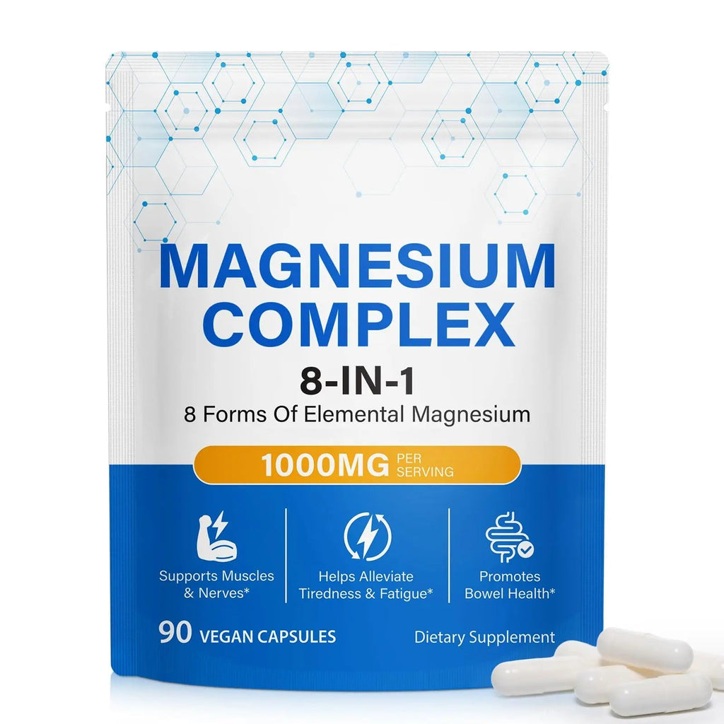 8-in-1 Magnesium Complex Supplement 90 Count, Magnesium Complex Capsules with Magnesium Glycinate, Citrate, Malate, Taurate, Easy Absorption for Sleep, Muscle Relaxation, Nerve & Heart Health, Energy - TrustMedUSA