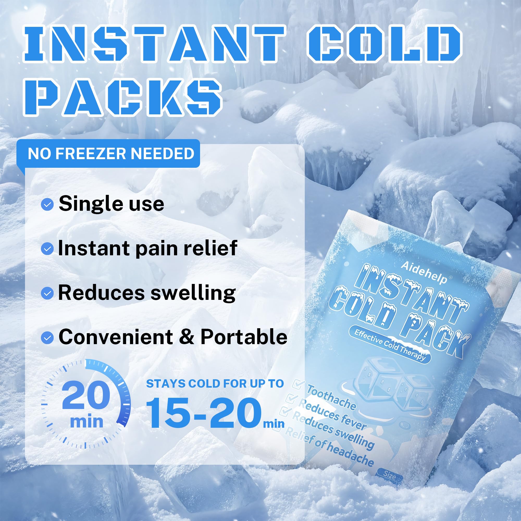 8 Pack Instant Cold Packs (4.3" x 5.9") - Disposable Ice Packs for Injuries | Cold Compress Ice Pack for Pain Relief, Swelling, Inflammation, Sprains, Toothache - Cold Pack for Athletes - Maple Wellness Supplements