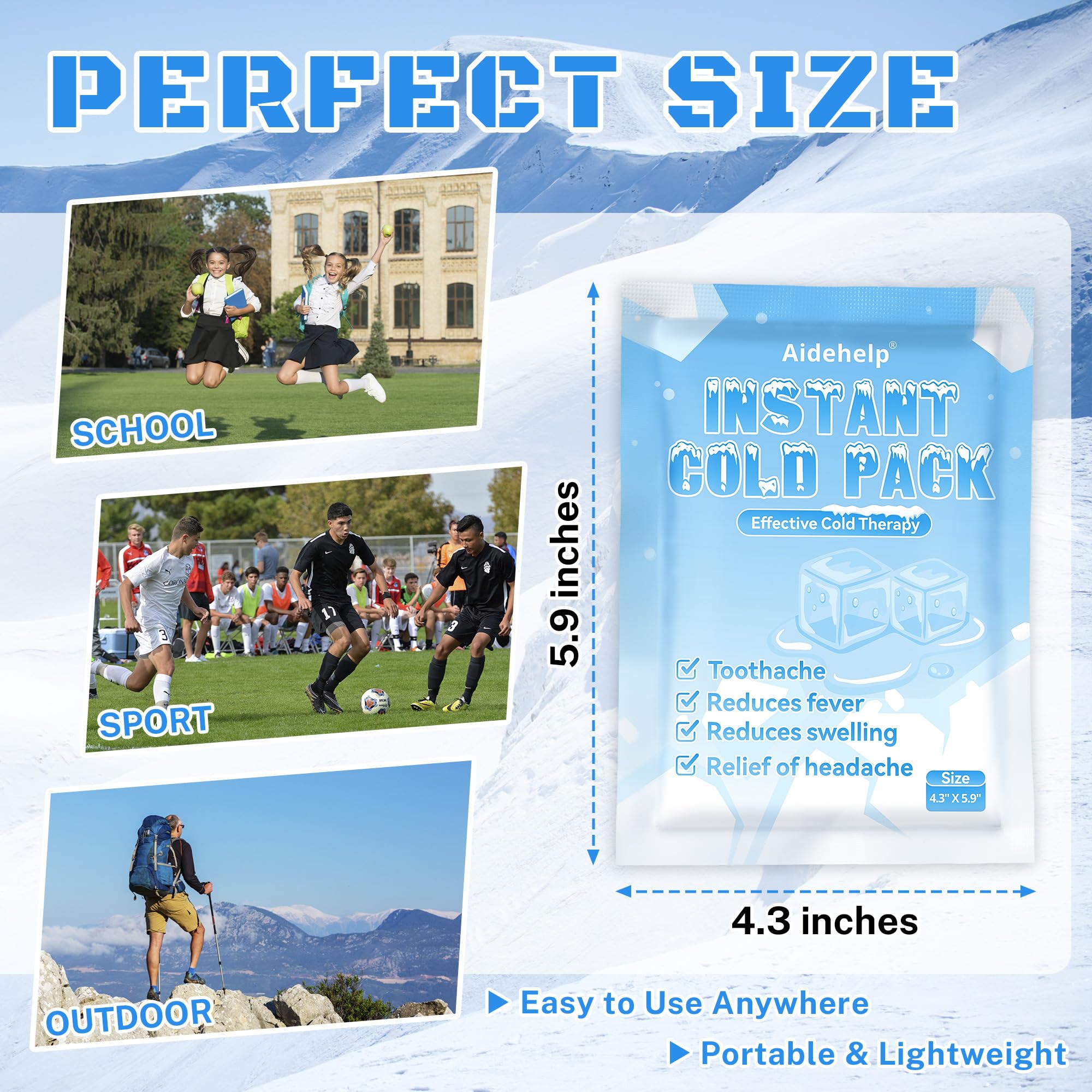 8 Pack Instant Cold Packs (4.3" x 5.9") - Disposable Ice Packs for Injuries | Cold Compress Ice Pack for Pain Relief, Swelling, Inflammation, Sprains, Toothache - Cold Pack for Athletes - Maple Wellness Supplements