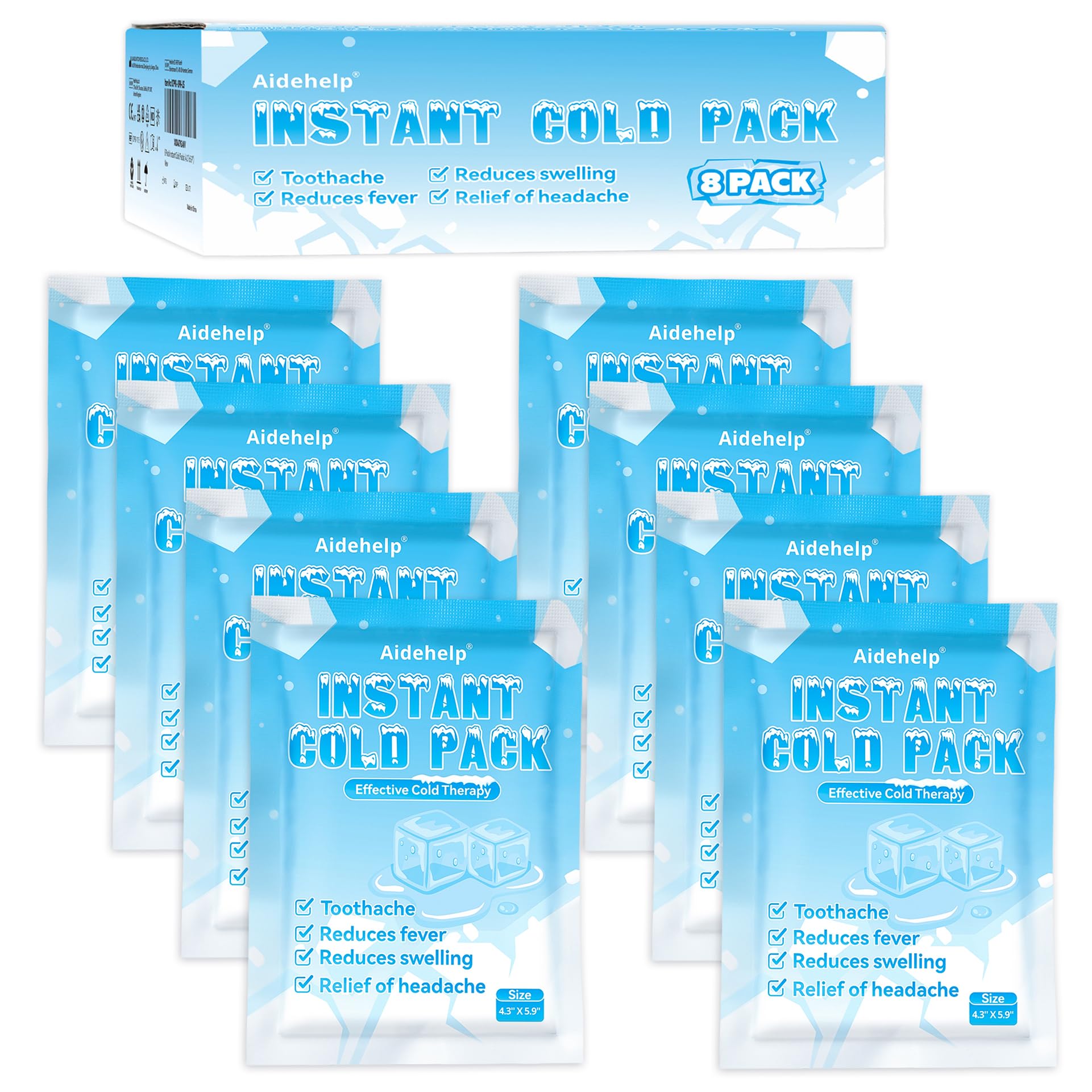 8 Pack Instant Cold Packs (4.3" x 5.9") - Disposable Ice Packs for Injuries | Cold Compress Ice Pack for Pain Relief, Swelling, Inflammation, Sprains, Toothache - Cold Pack for Athletes - Maple Wellness Supplements