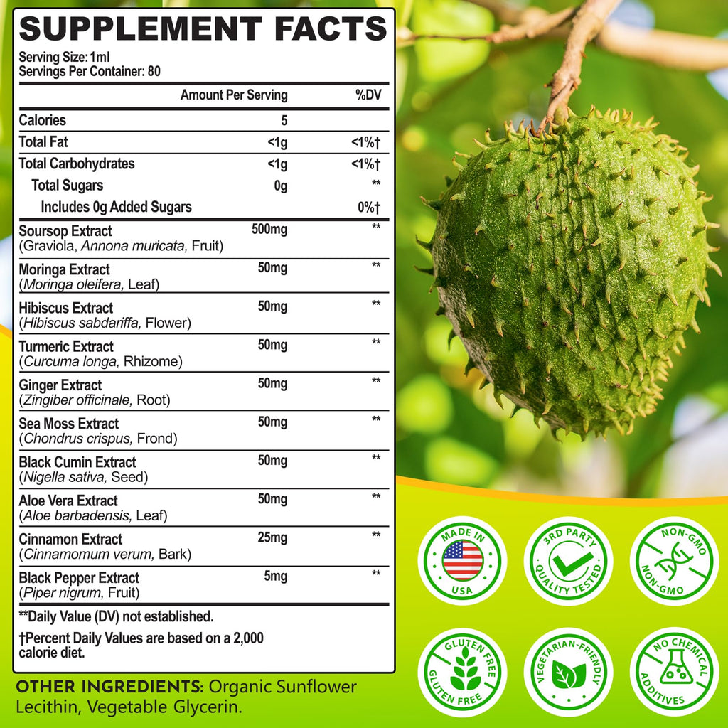 (80ML) Supplement Liquid Drops, 10 in 1 Soursop Multivitamin Drops with Leaf Extract & Sea Moss, for Cell Support & Regeneration, Immunity, Gut, Zzz, Skin & Antioxidant | 2.8 Fl Oz - 80 Days Supply - TrustMedUSA