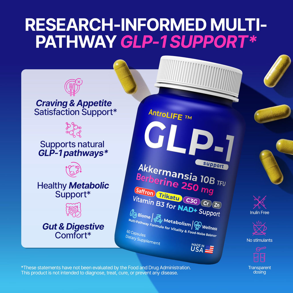 GLP-1 Support – Akkermansia Postbiotic 10B TFU + Berberine HCl 250 mg | 18-Ingredient System | Appetite, Mood & Metabolic Support | Inulin-Free | Saffron, NAD+ Cofactors | 3 Pack | 90-Day Supply ANTROLIFE Au supplements