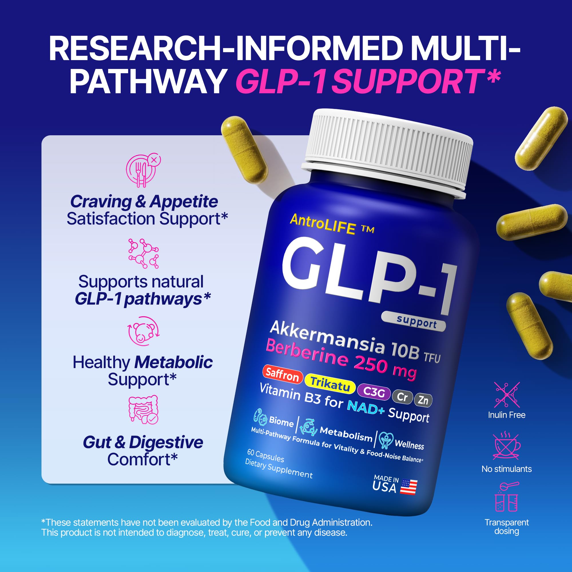 GLP-1 Support – Akkermansia Postbiotic 10B TFU + Berberine HCl 250 mg | 18-Ingredient System | Appetite, Mood & Metabolic Support | Inulin-Free | Saffron, NAD+ Cofactors | 3 Pack | 90-Day Supply ANTROLIFE Au supplements
