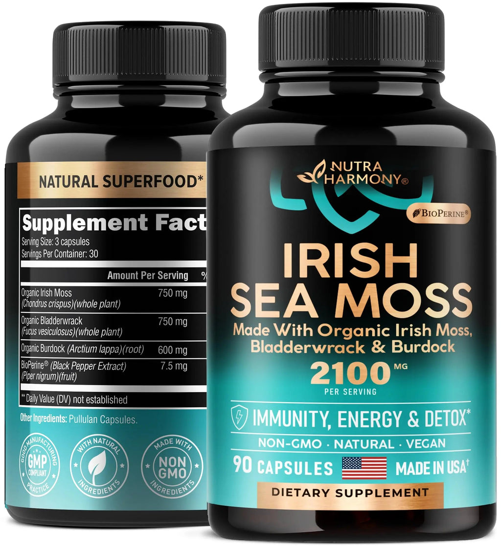 Irish Sea Moss Capsules - Made with Organic Sea Moss, Bladderwrack & Burdock Root - Made in USA - Advanced Superfood - Natural Multi Supplements Blend - Immunity & Energy Support - 90 Vegan Capsules NUTRAHARMONY Au supplements