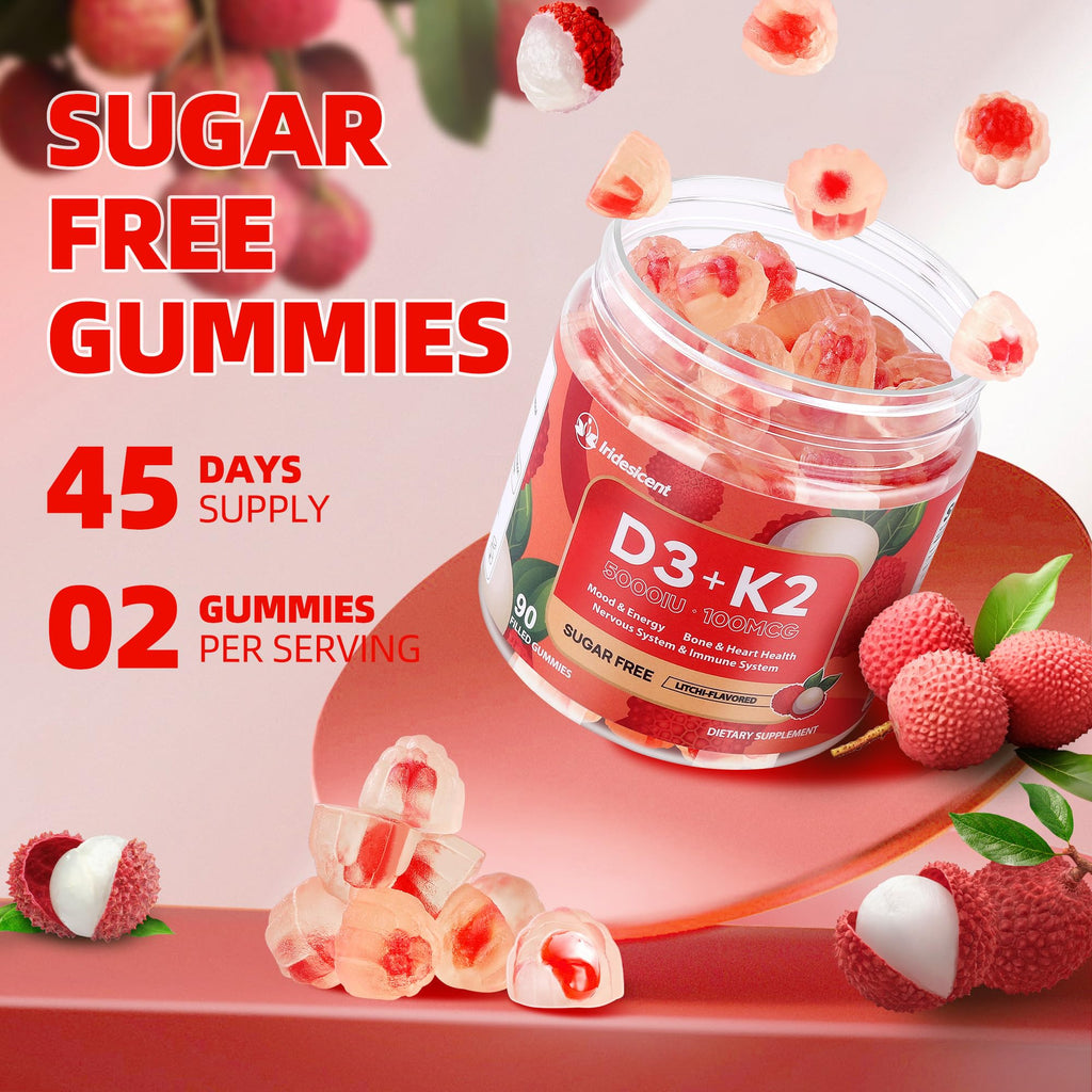 Vitamin D3 K2 Gummies w/Magnesium Sugar Free - 90 Count | D3 Vitamin 5,000 IU + K2(MK-7) 100 mcg - Vegan K2 D3 Vitamin Supplement, Highly Absorbent Supports Bone