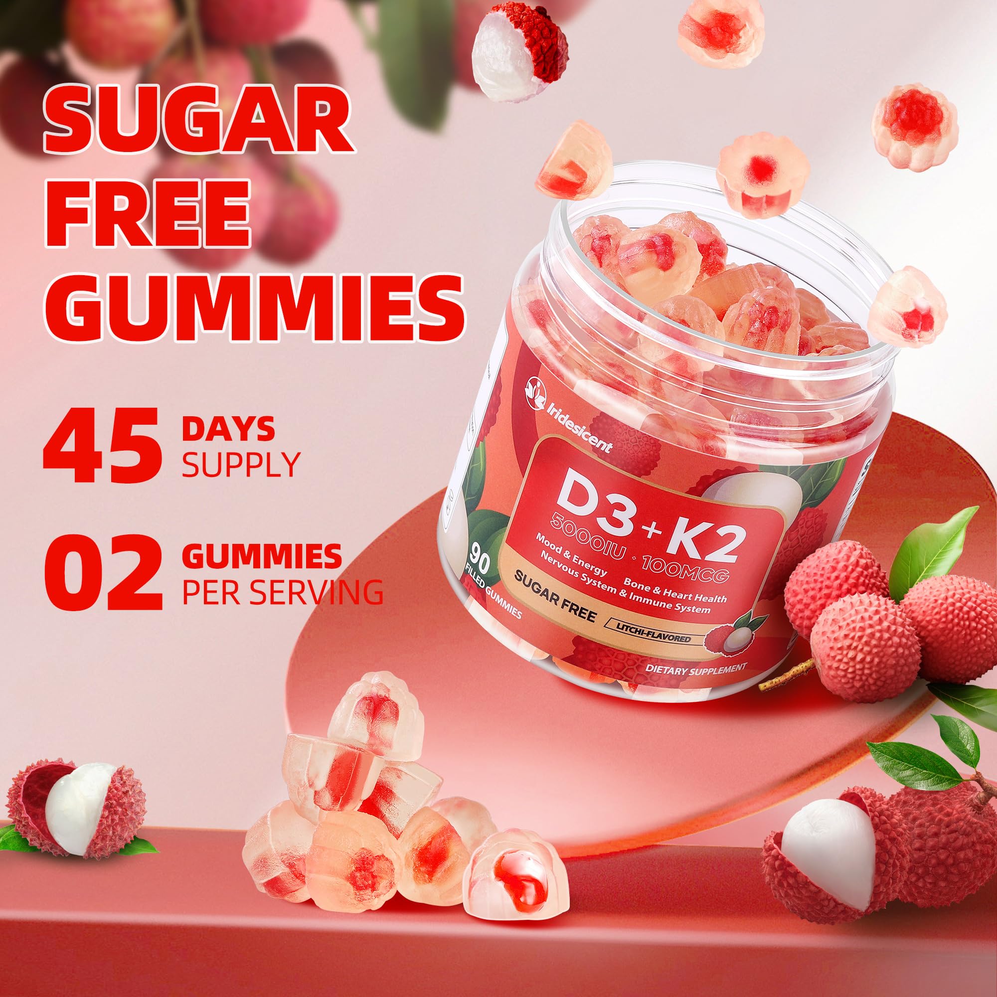 Vitamin D3 K2 Gummies w/Magnesium Sugar Free - 90 Count | D3 Vitamin 5,000 IU + K2(MK-7) 100 mcg - Vegan K2 D3 Vitamin Supplement, Highly Absorbent Supports Bone