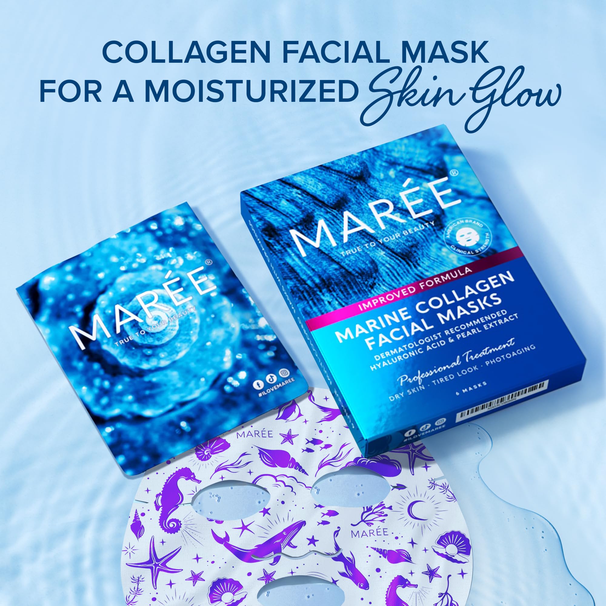 MAREE Collagen Facial Mask with Hyaluronic Acid — Sheet Face Mask Skincare — Centella Asiatica, Green & Red Algae Extract