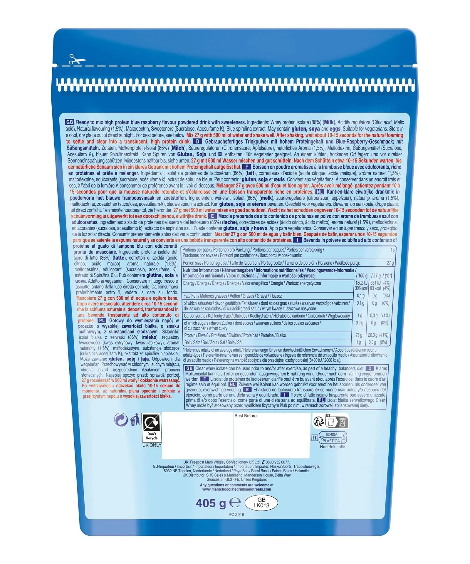 Hubba Bubba Blue Raspberry Clear Whey Isolate, Protein Powder Drink, 405g Pouch Hubba Bubba Au supplements