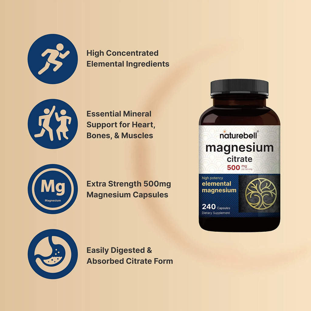 2 Pack Magnesium Citrate 500mg, 480 Capsules | High Purity Elemental Form NatureBell Au supplements