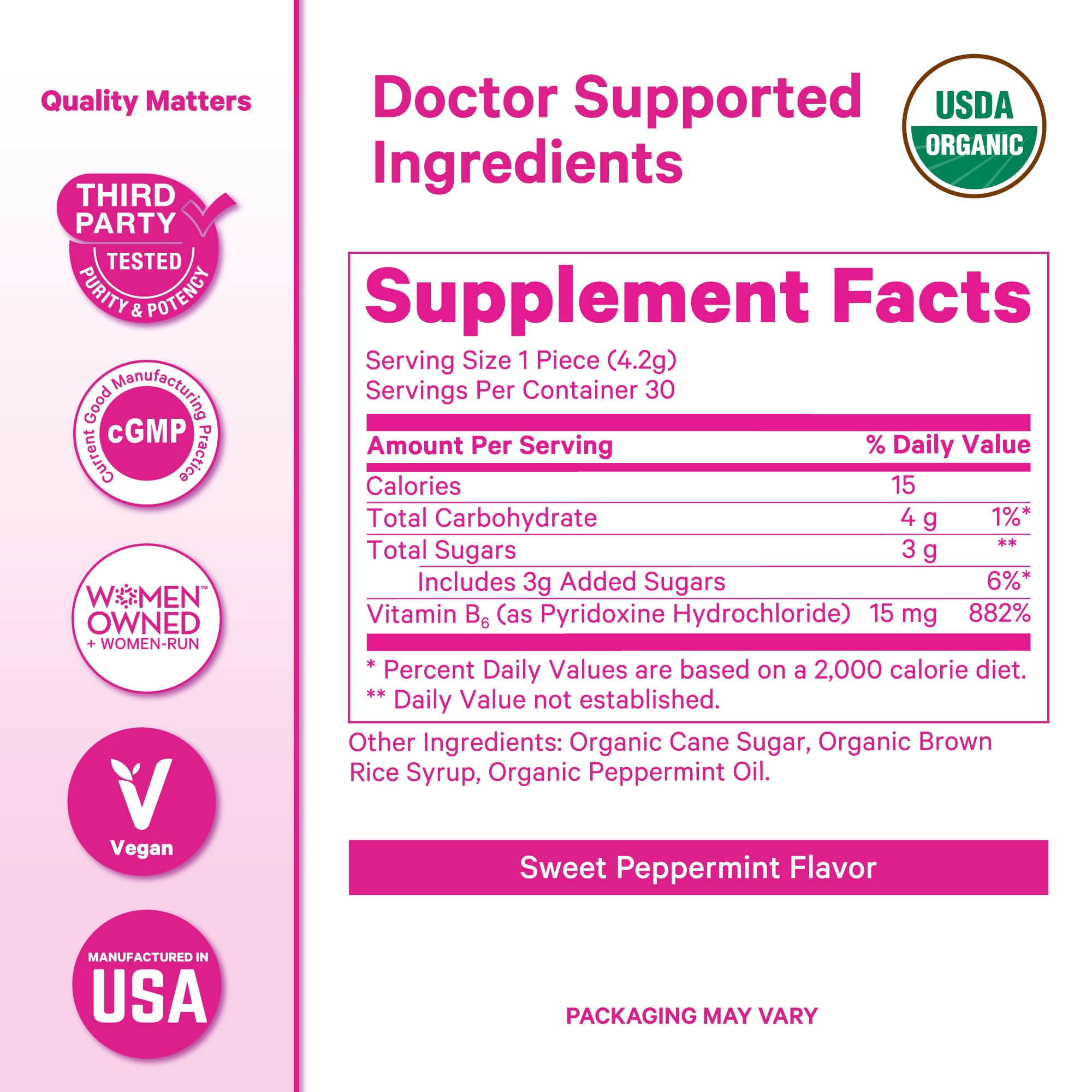Pink Stork Organic Peppermint Sweets for Morning Sickness and Motion Sickness Support, Added Vitamin B6, 1st Trimester Pregnancy Must Haves - 30 Wrapped Peppermint Candies Pink Stork Au supplements