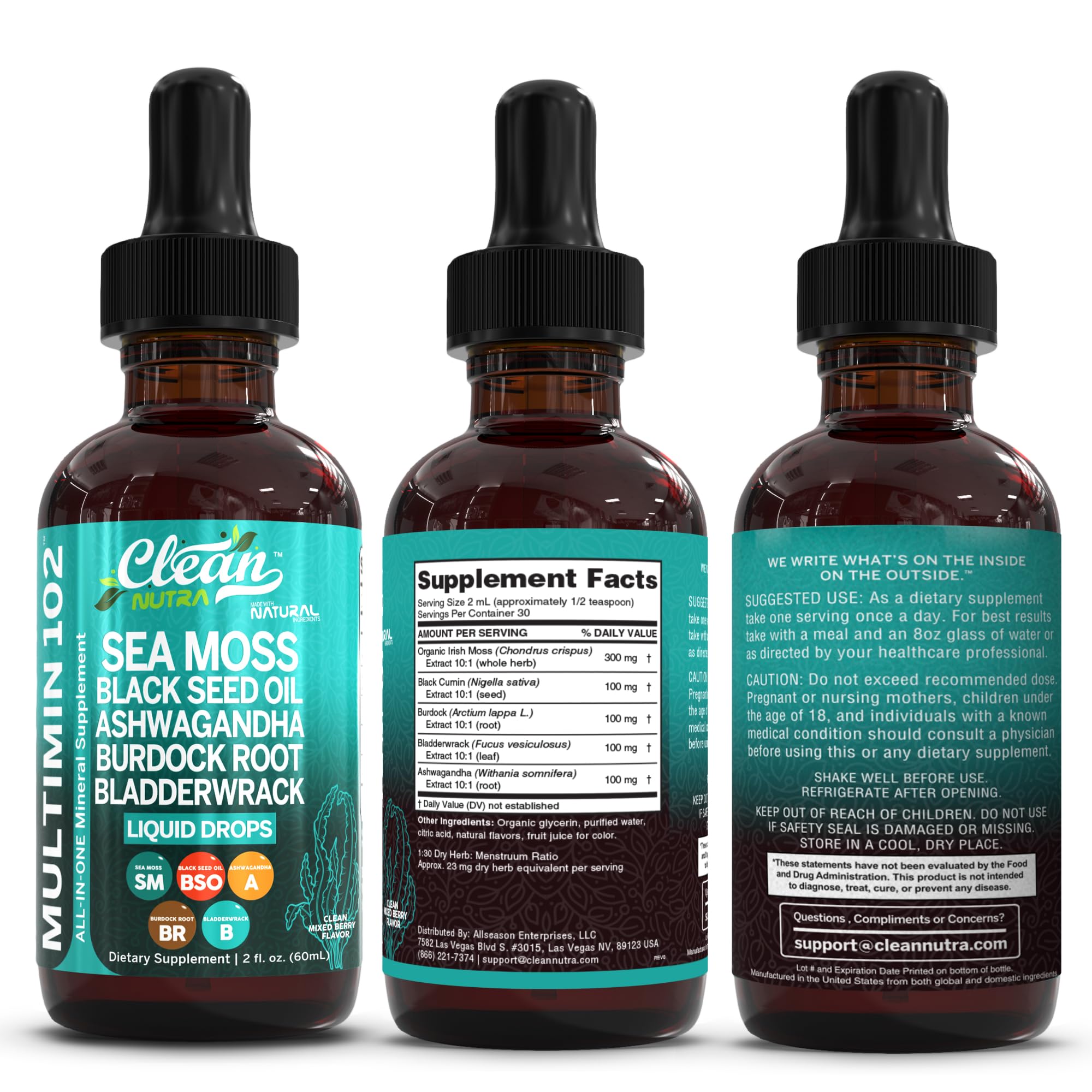 Clean Nutra Organic Sea Moss Drops Supplement | Black Seed Oil Irish Seamoss Ashwagandha Burdock Root & Bladderwrack - Multimineral Liquid Vegan