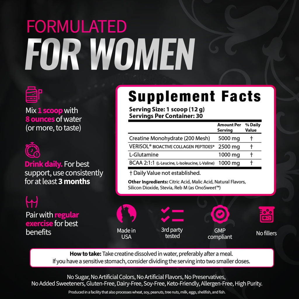 Bold Buns Creatine for Women – Supplement with Collagen & BCAA – Supports Muscle Development, Post-Workout Recovery, Skin Elasticity,
