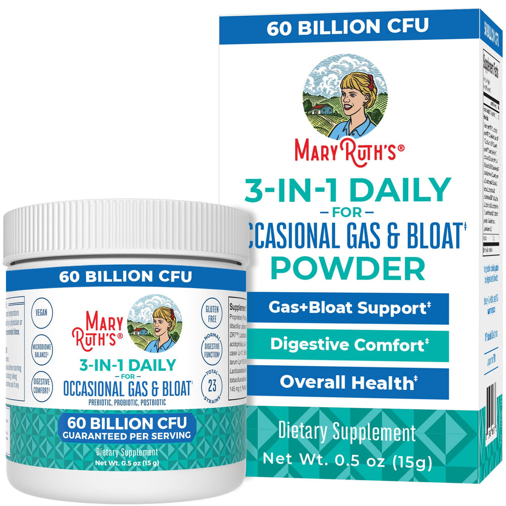 MARYRUTH'S 3-in-1 Gas & Bloat Probiotic Powder | Probiotics for Normal Digestive Function | Probiotics for Women & Men | Prebiotics & Postbiotics | 60 Billion CFU | 23 Unique Strains | 0.5 oz MARYRUTH'S Au supplements