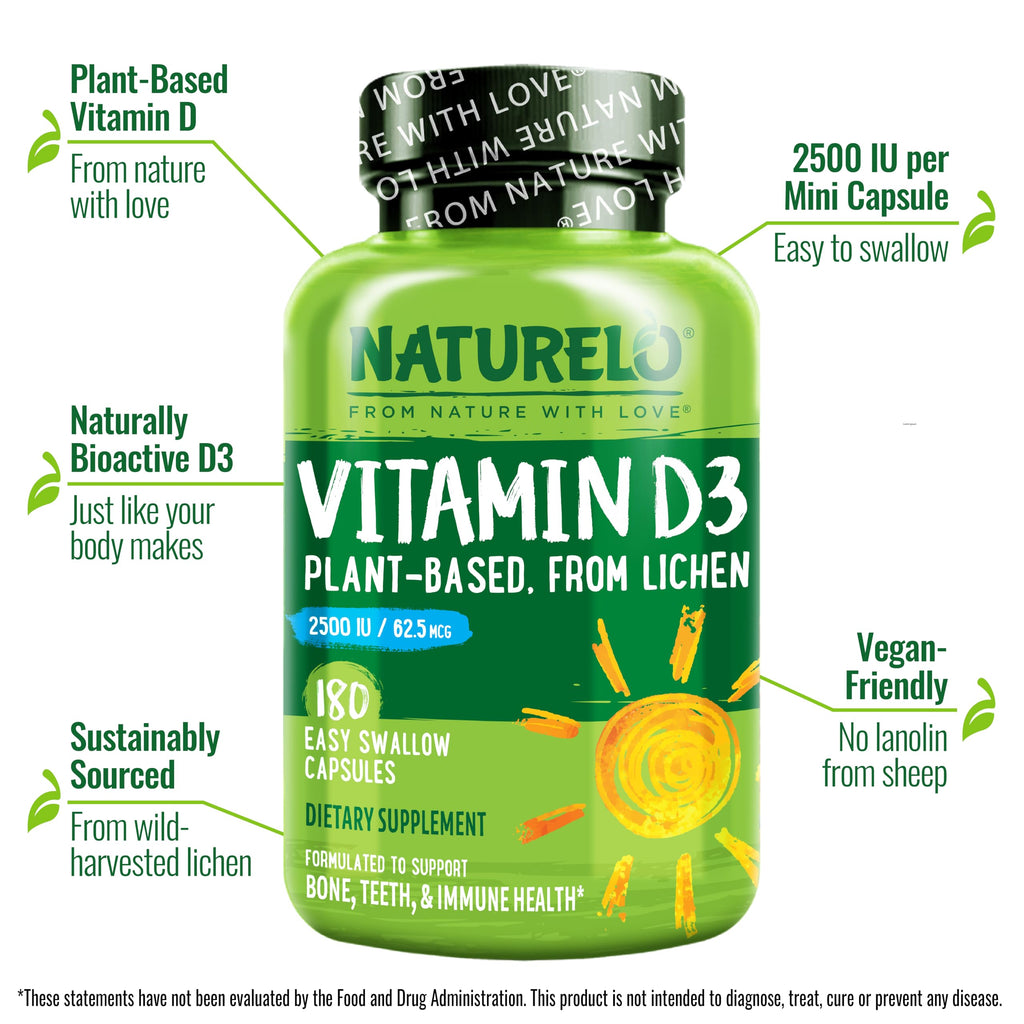NATURELO Vitamin D - 2500 IU - Plant Based from Lichen - Natural D3 Supplement for Immune System, Bone Support, Joint Health - Vegan