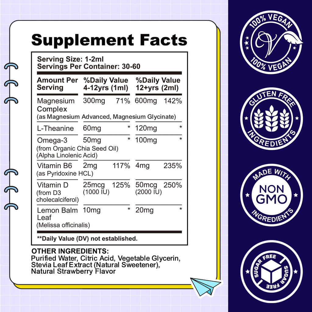 Kids Magnesium Liquid Drops-Magnesium Glycinate Liquid for Kids Supplement-w/L-theanine, Omega-3, Vitamin B6, D3 - for Sleep, Relaxation, Brain, Bones