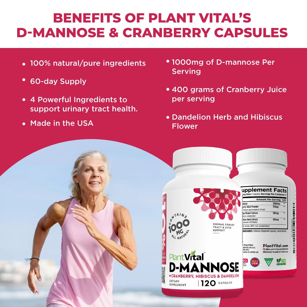 Plantvital D Mannose Capsules with Cranberry - D-mannose 1000mg Capsules - High Potency for Bladder, Kidney and Urinary Tract Support. Cranberry Powder with Hibiscus and Dandelion. 2 Months Supply Plantvital Au supplements