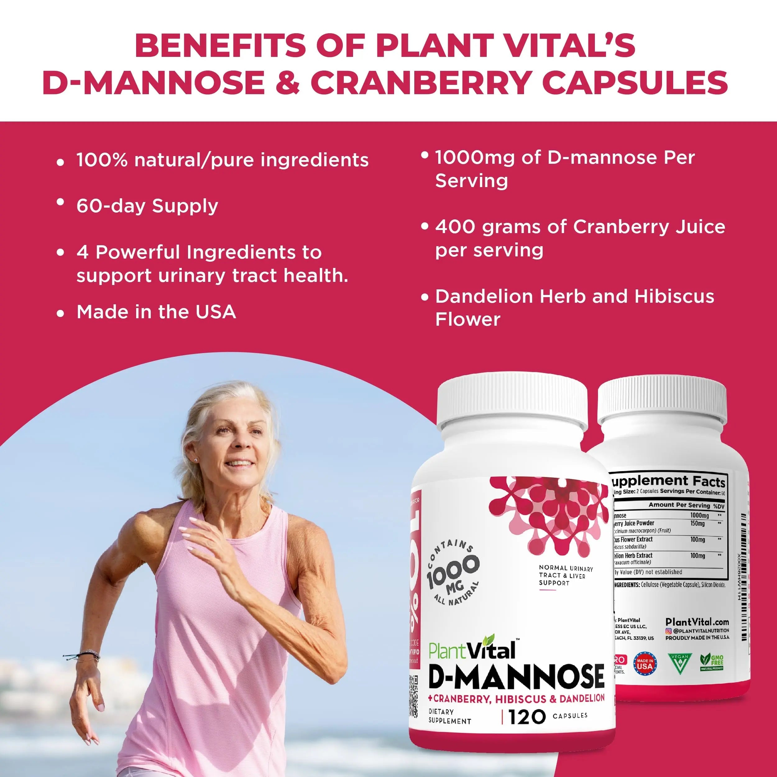 Plantvital D Mannose Capsules with Cranberry - D-mannose 1000mg Capsules - High Potency for Bladder, Kidney and Urinary Tract Support. Cranberry Powder with Hibiscus and Dandelion. 2 Months Supply Plantvital Au supplements