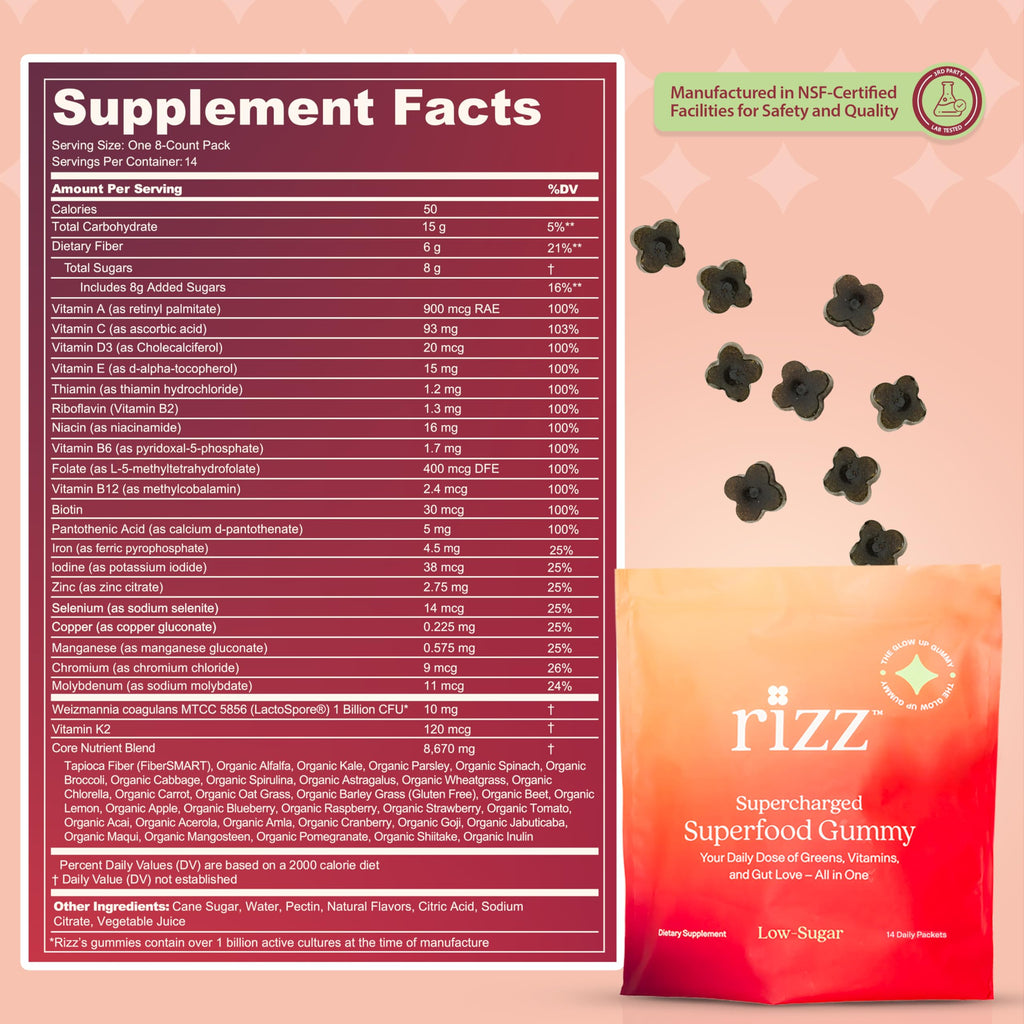 Rizz Low Sugar Green Gummies - 60+ Superfoods 6g Fiber - Prebiotic and Probiotic Gummies - Vegan Multivitamins for Women & Men - Gluten Free - Mushroom,