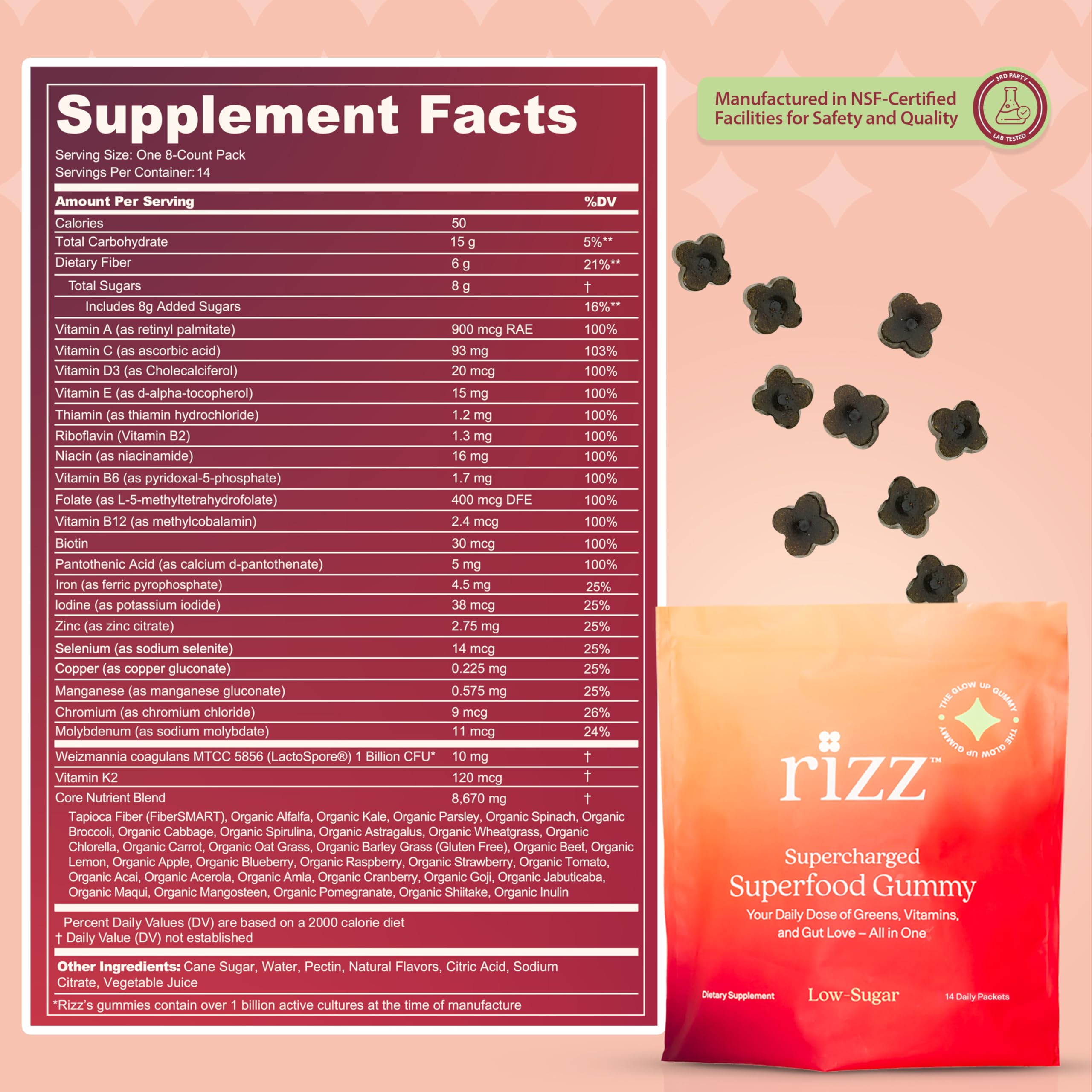 Rizz Low Sugar Green Gummies - 60+ Superfoods 6g Fiber - Prebiotic and Probiotic Gummies - Vegan Multivitamins for Women & Men - Gluten Free - Mushroom,