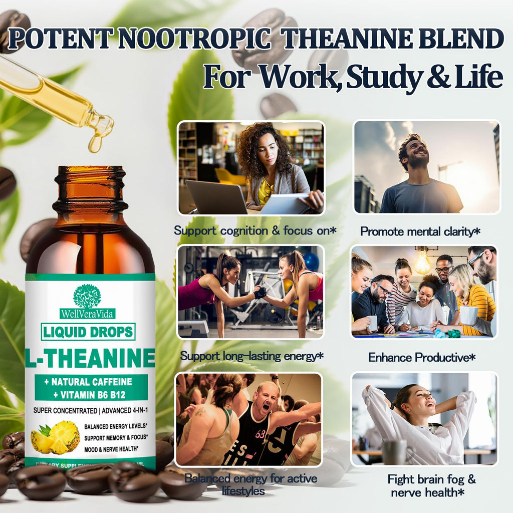 L Theanine Caffeine Liquid Drops, High Potency L-Theanine 100mg w. Caffeine Vitamin B12 B6, Natural Nootropic Brain for Smooth Energy Focus Alertness, 6X Stronger Than Pills Powder Gum WellVeraVida Au supplements