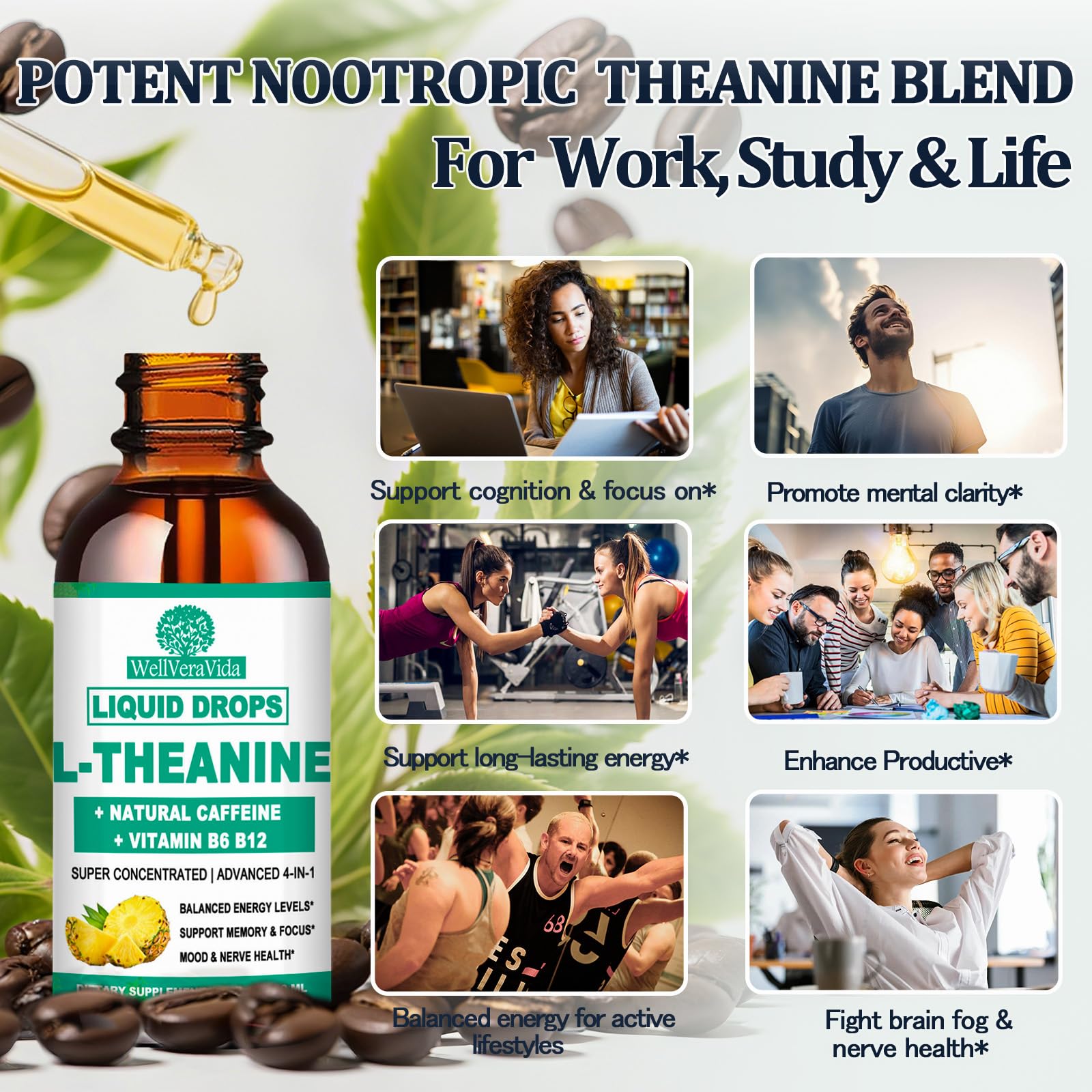 L Theanine Caffeine Liquid Drops, High Potency L-Theanine 100mg w. Caffeine Vitamin B12 B6, Natural Nootropic Brain for Smooth Energy Focus Alertness, 6X Stronger Than Pills Powder Gum WellVeraVida Au supplements