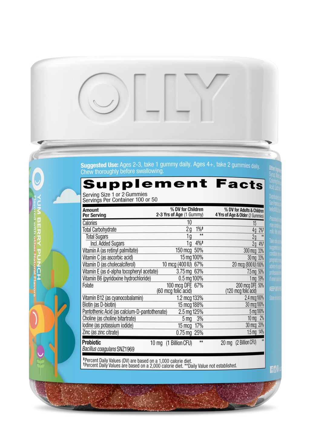 OLLY Kids Multivitamin & Probiotic Gummy, Digestive Support, Vitamins A, D, C, E, B, Zinc, Chewable Supplement, Berry Flavor, 50 day supply - 100 Count