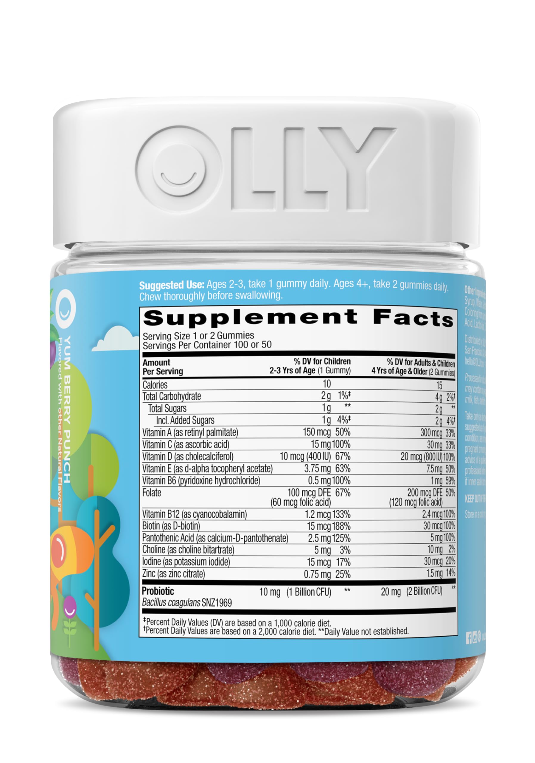 OLLY Kids Multivitamin & Probiotic Gummy, Digestive Support, Vitamins A, D, C, E, B, Zinc, Chewable Supplement, Berry Flavor, 50 day supply - 100 Count