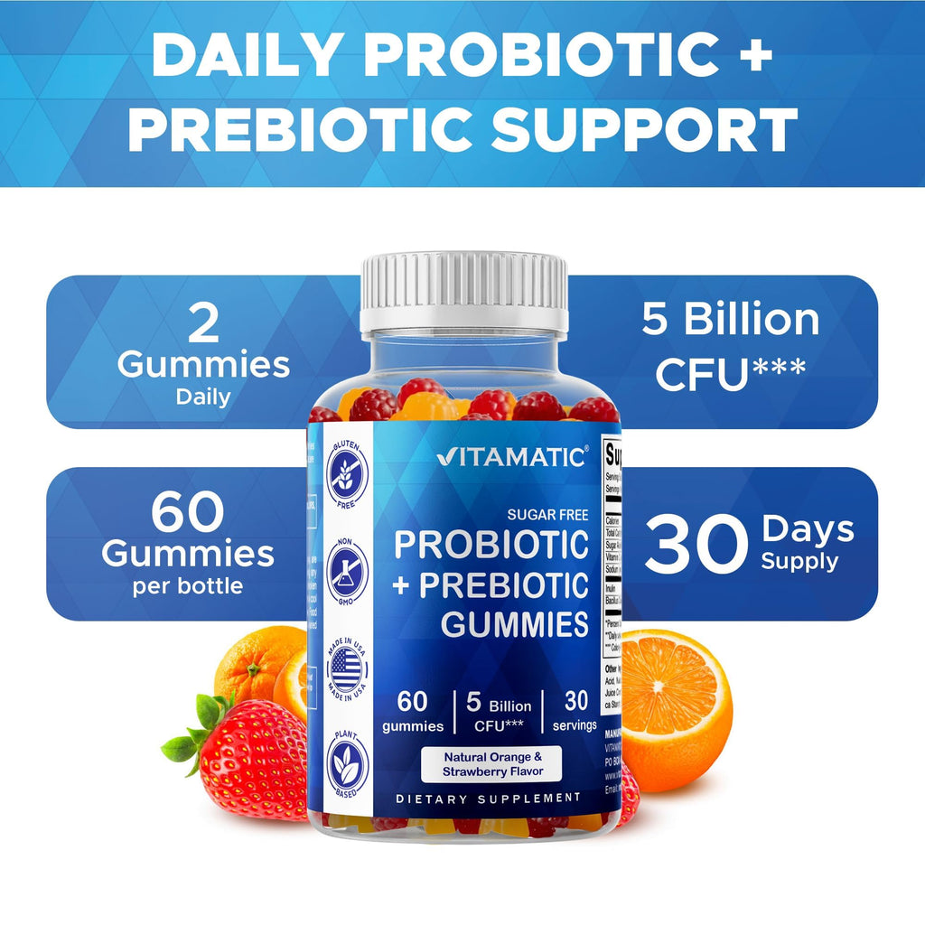 Vitamatic Probiotic Sugar Free Gummies for Men and Women – 5 Billion CFUs Digestive, Immune & Gut Health Support – Gluten Free