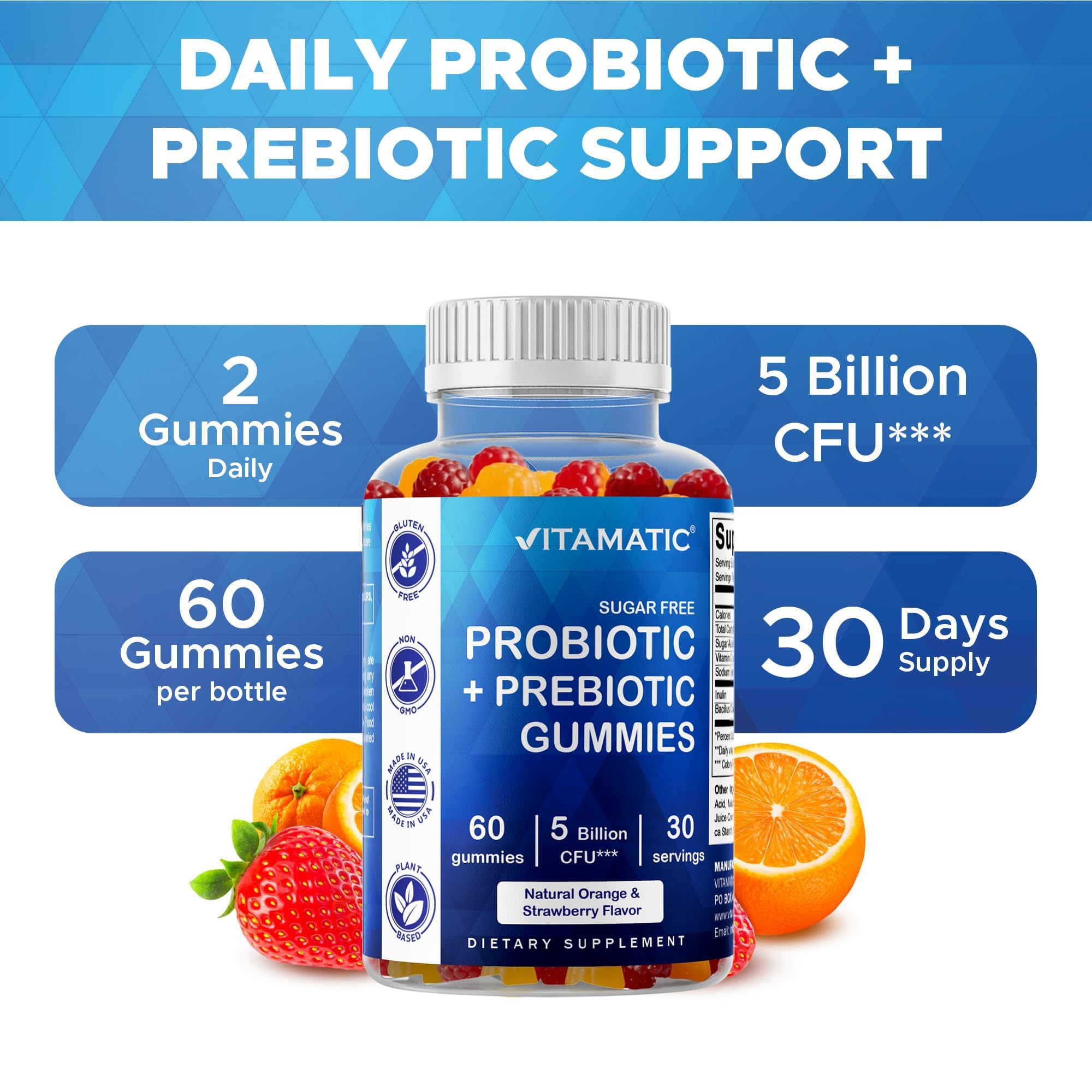 Vitamatic Probiotic Sugar Free Gummies for Men and Women – 5 Billion CFUs Digestive, Immune & Gut Health Support – Gluten Free