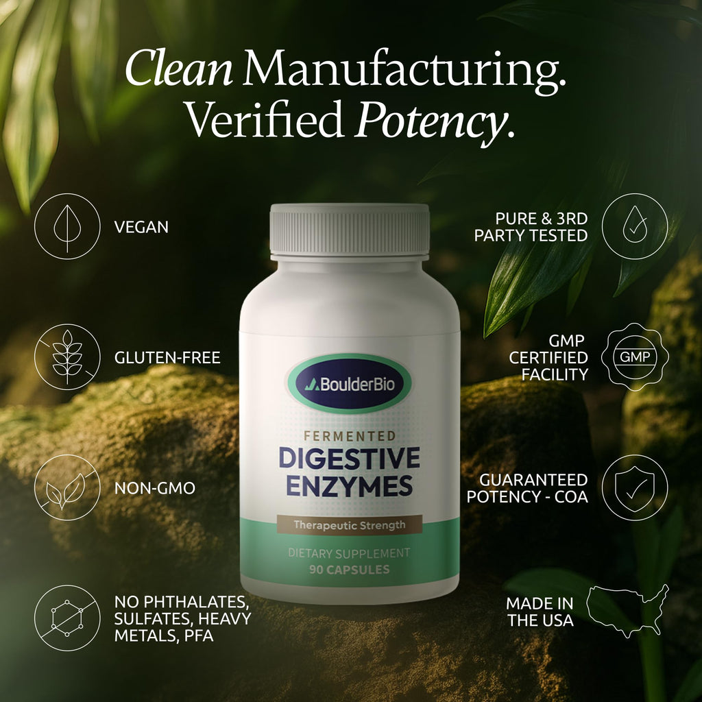 Boulder Bio Digestive Enzymes | 40,000 USP Lipase - Prescription Strength Pancreatic Enzyme Replacement Formula for Fat Digestion, Gut Health & Nutrient Absorption