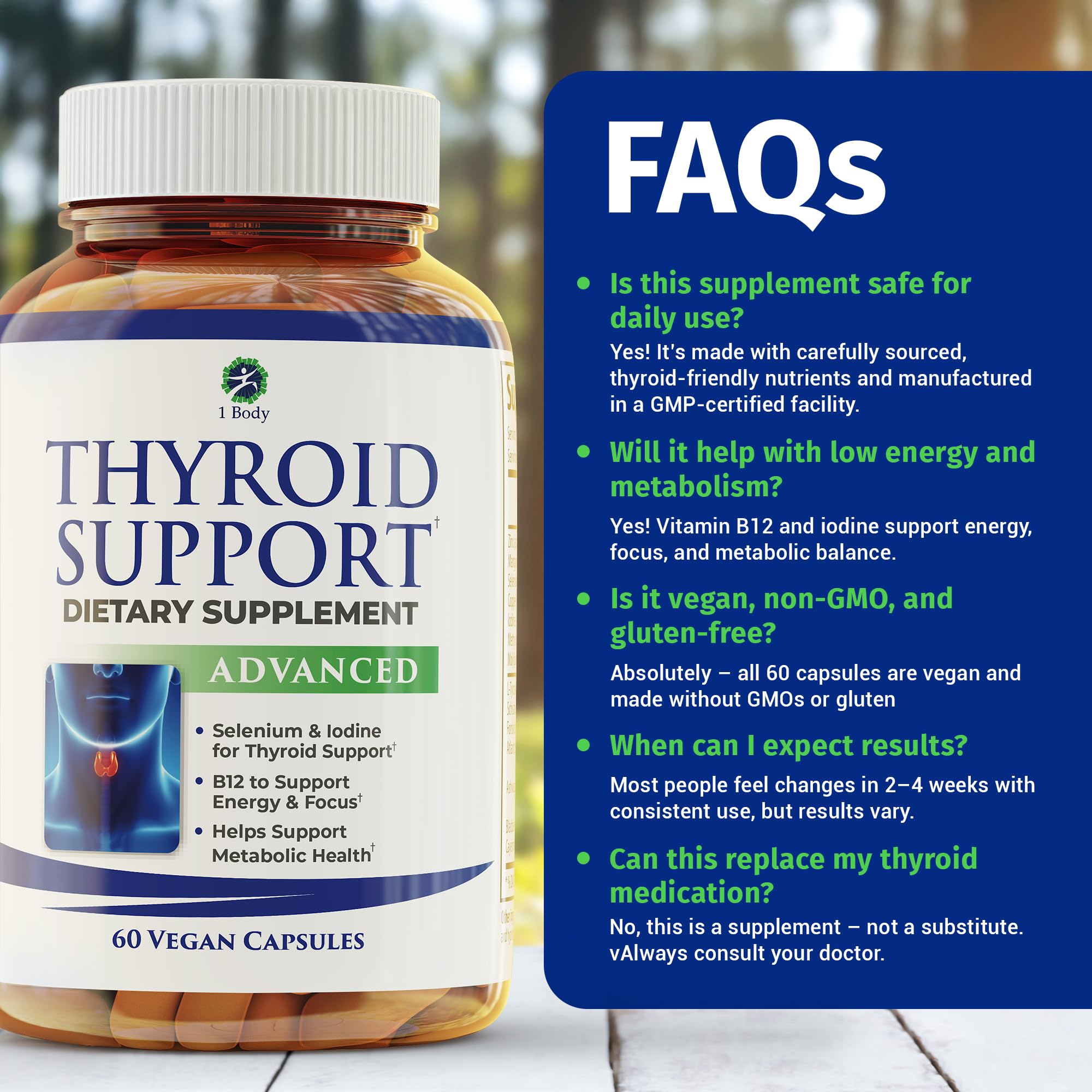 1 Body Thyroid Support Supplement for Women and Men, Selenium with Iodine, Zinc, B12, Ashwagandha and L-Tyrosine, Supports Hormone Health, Energy and Metabolism, 30 Day Supply 1 Body Au supplements